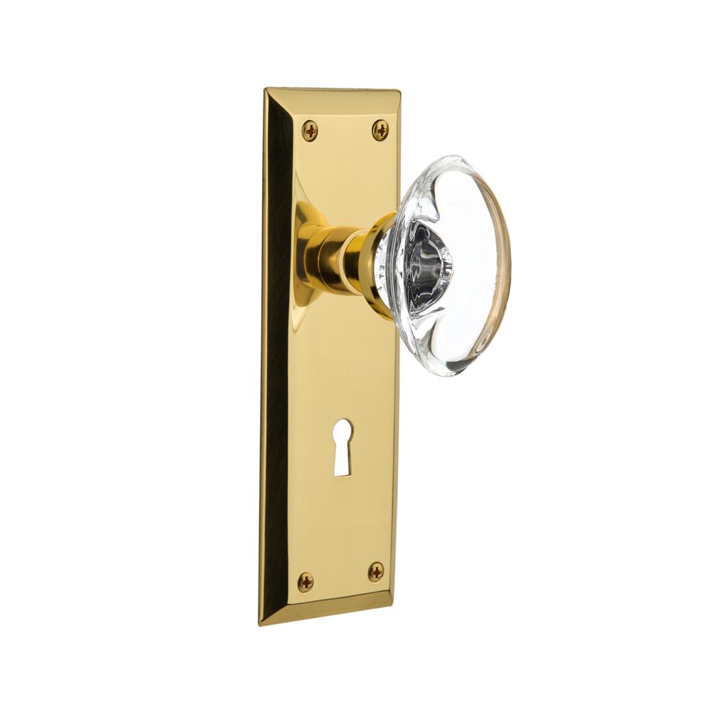 Nostalgic Warehouse NYKOCC Double Dummy Knob New York Plate with Oval Clear Crystal Knob and Keyhole in Unlacquered Brass
